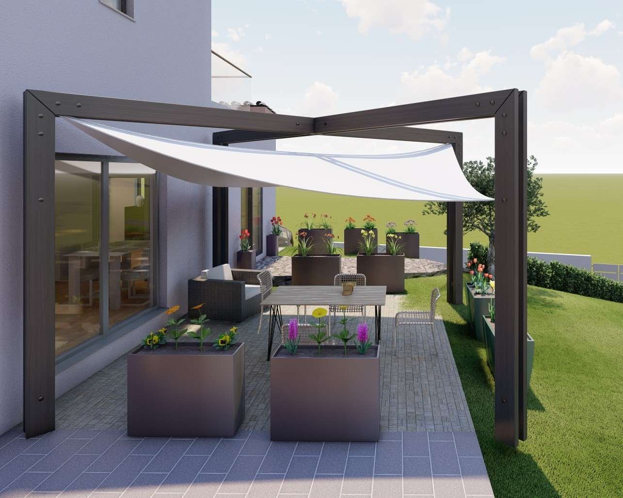 Vista rendering esterna nel progetto di ristrutturazione di una casa a Uta